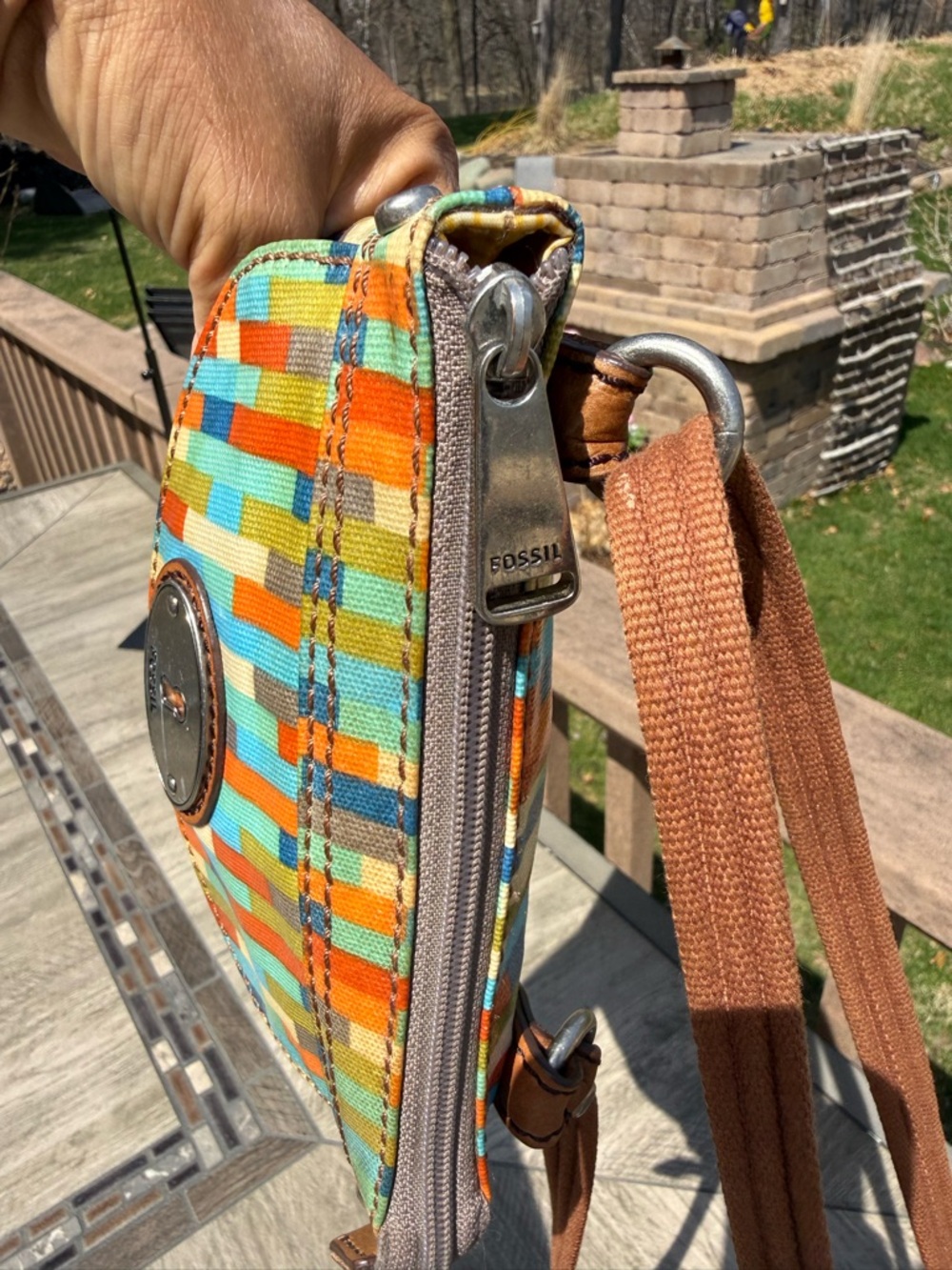 EUC Fossil Key-Per Geometric Striped Pattern Vintage Crossbody Bag - Picture 10 of 12